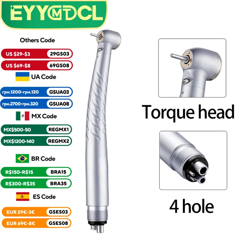 EYY Dental Dentistry High Speed Handpiece LED High Rotation Turbine Push Button 2/4 Hole Standard Torque Head Triple Water Spray