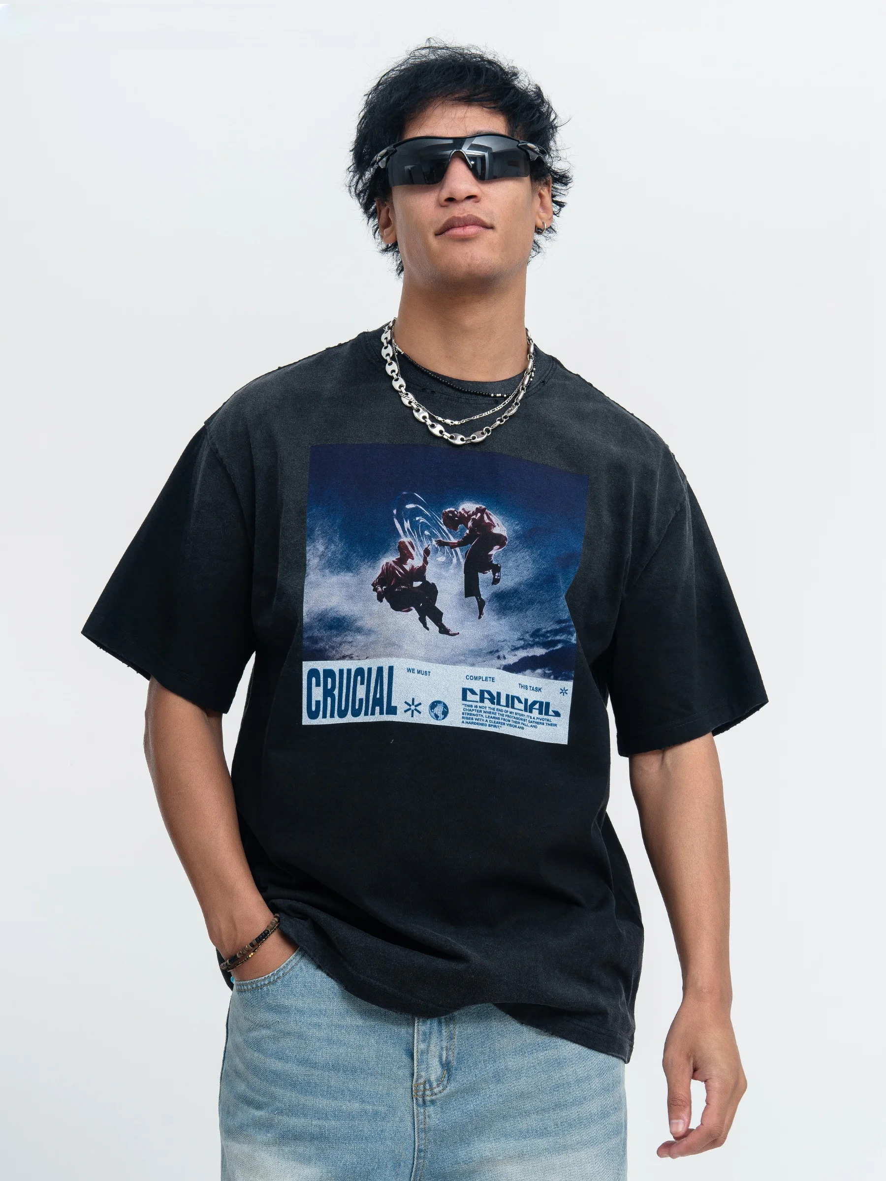 Onesevenine Original Trendy American Streetwear Washed Vintage Gradient 280g Small Collar Short Sleeve Men's T-shirt Summer