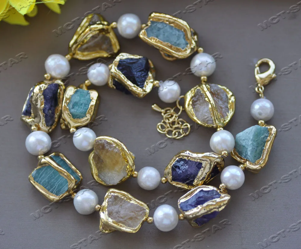 Z12244 Set 22mm Baroque Citrine Amethyst Aquamarine Gold-Plated White Pearl Necklace Bracelet Earring