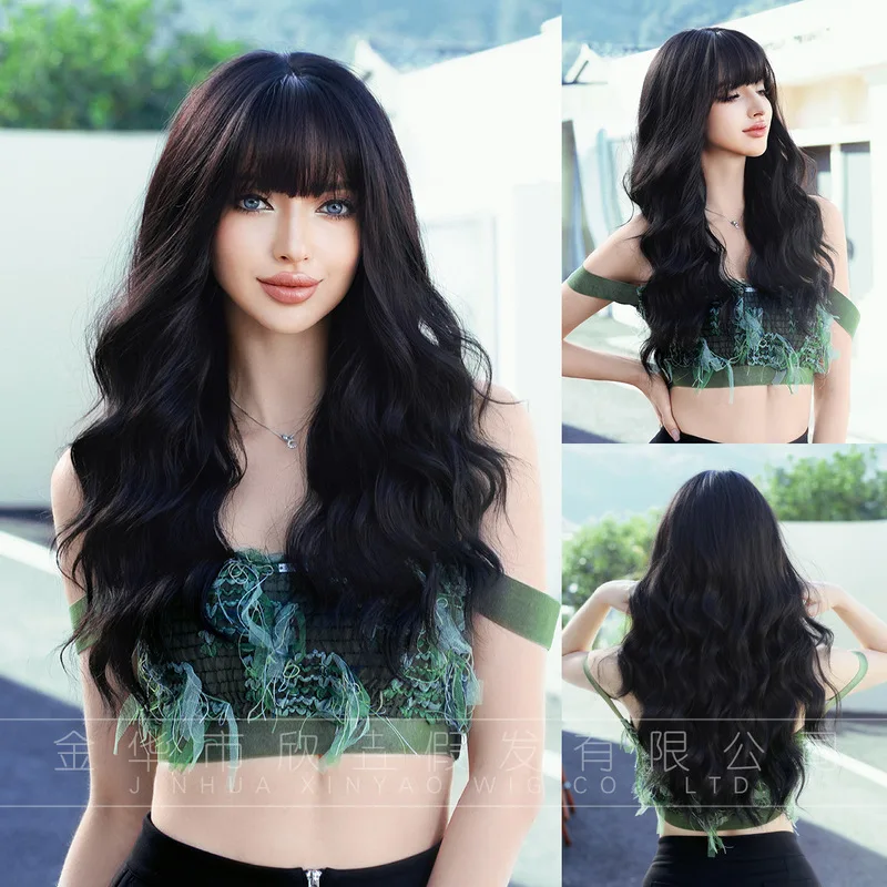 European and American women's black wig large wavy curls air Liu Hainan style full headpiece