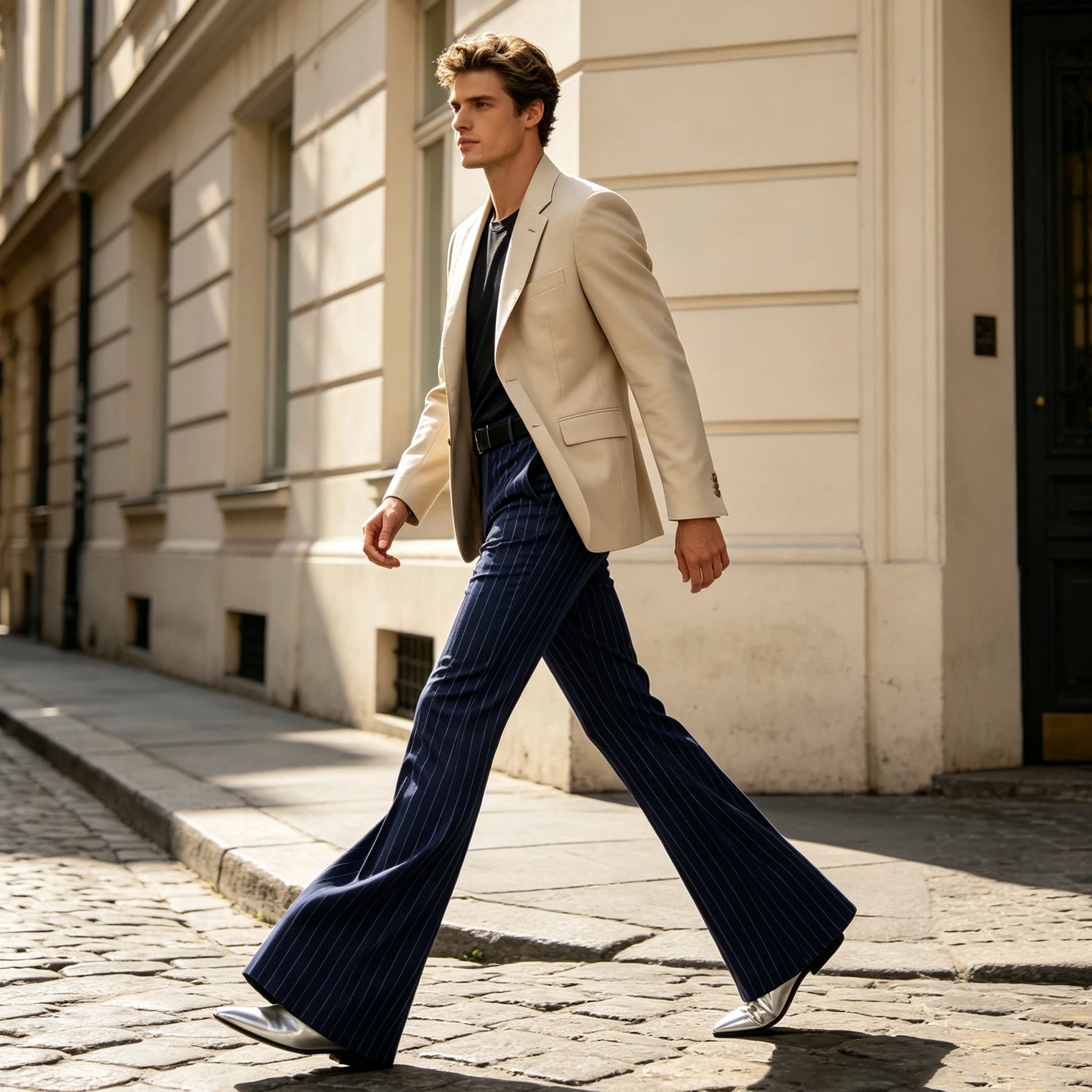 Retro Men's Pinstripe Flare Dress Pants High Waist Slim Fit Bell Bottom Suit Trousers Formal Business Wedding Dress Pants