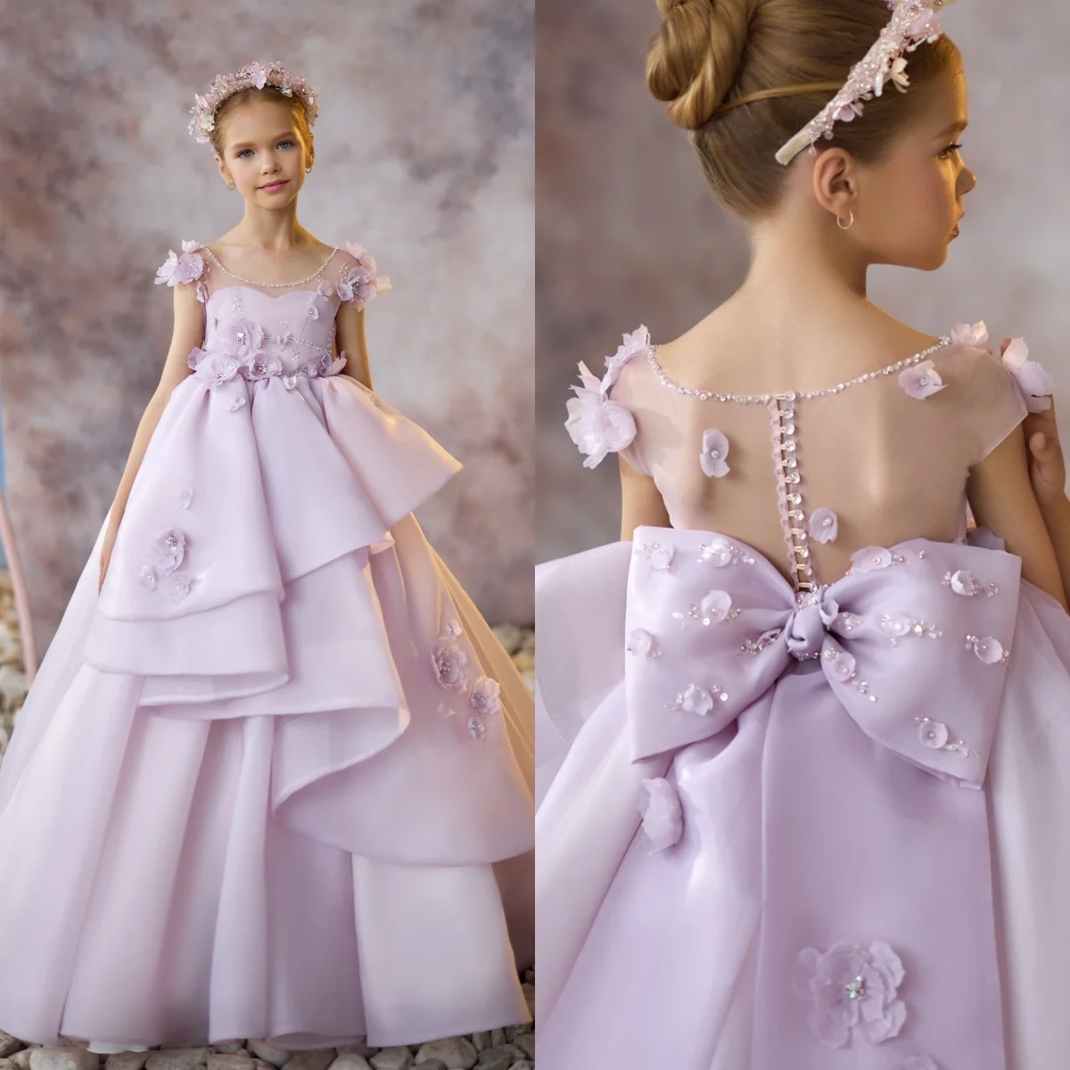 Lilac เจ้าหญิงดอกไม้สาวชุดดอกไม้เด็กผู้หญิงวันเกิด Party Gowns ที่กําหนดเอง Appliqued เด็ก First Communion Dresses