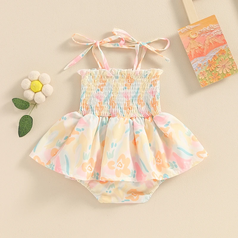 Summer Baby Girls Romper Jumpsuit Newborn Clothes Tie-up Sleeveless Flower Print Bodysuit Dress Infant Toddler Clothing