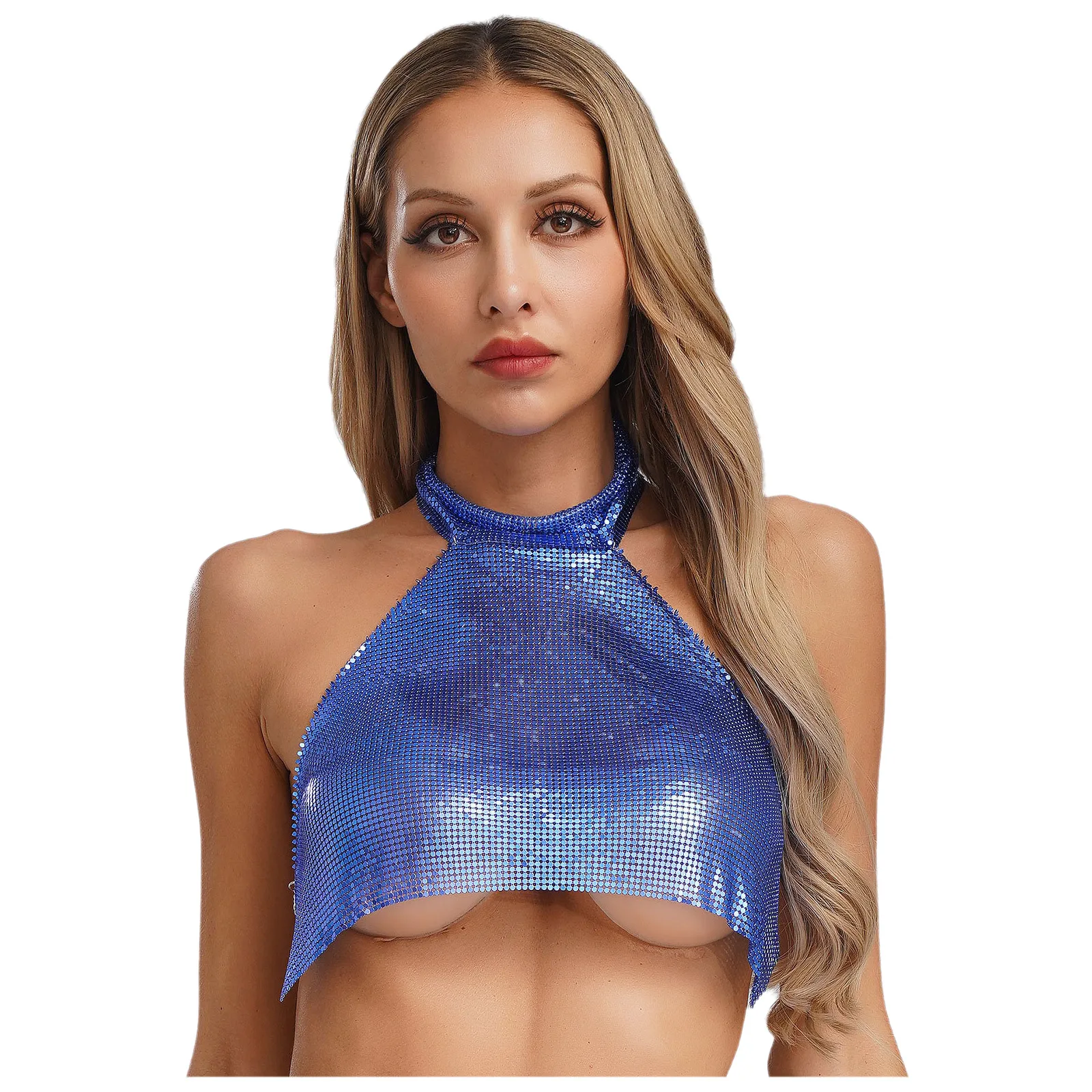 

Women Sexy Shiny Sequins Tank Tops Halter Neck Sleeveless Backless Chain Crop Top Vest for Night Club Festival Party Rave Outfit