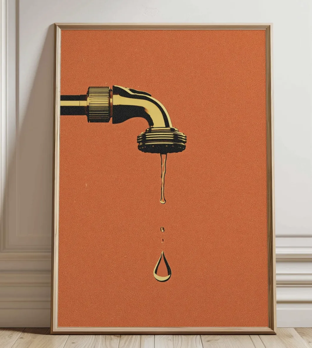 (No frame)Gold Tap Water Drop Canvas Printing, Terracotta Minimal Wall Art for Bathroom, Kitchen, Laundry Room