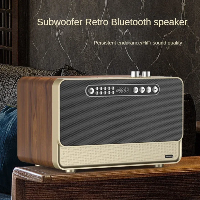 Rádio de madeira estilo retrô como alto-falante Bluetooth HiFi graves profundos alto-falante duplo U Disk Play