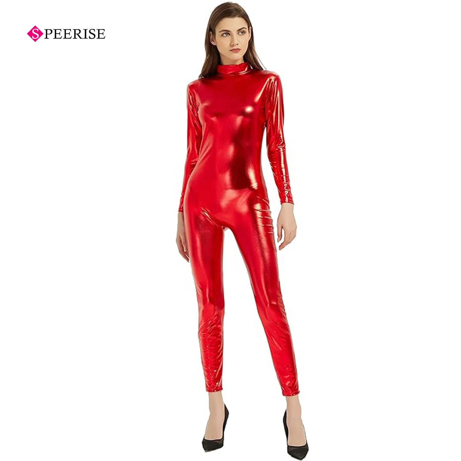 

SPEERISE Women Shiny Metallic Unitard Turtleneck Long Sleeve Catsuit Bodysuit Footless Zentai Suit Cosplay Hollween costume