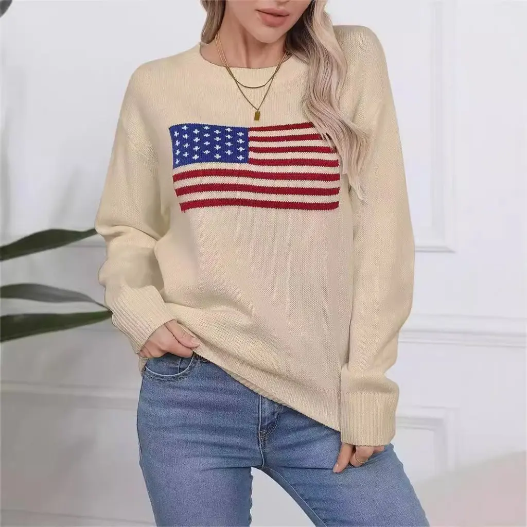 

Aesthetic Retro Loose Fit Knitwear Flag Sweater for Women European And American Style Independence Day Theme