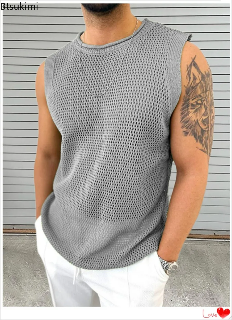 

Men's Summer Knitwear Casual Tank Tops Solid Hollow Out Vintage O-neck Knit Pullover Men Streetwear Sleeveless Camisole Clothing