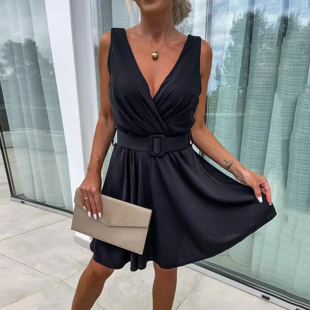 A-line Dress Women Slim Fit Dress Elegant Women's Pleated V Neck Midi Dress with Belted Waist for Parties Proms Evening Events