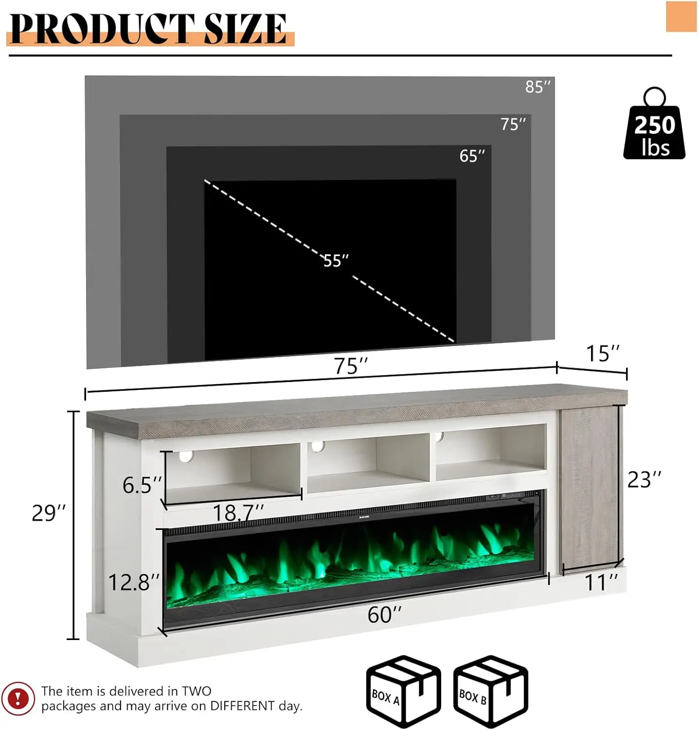 75" Fireplace TV Stand with 60" Glass Electric Fireplace, Color Contrast Rustic Media Entertainment Center with Storage for TVs