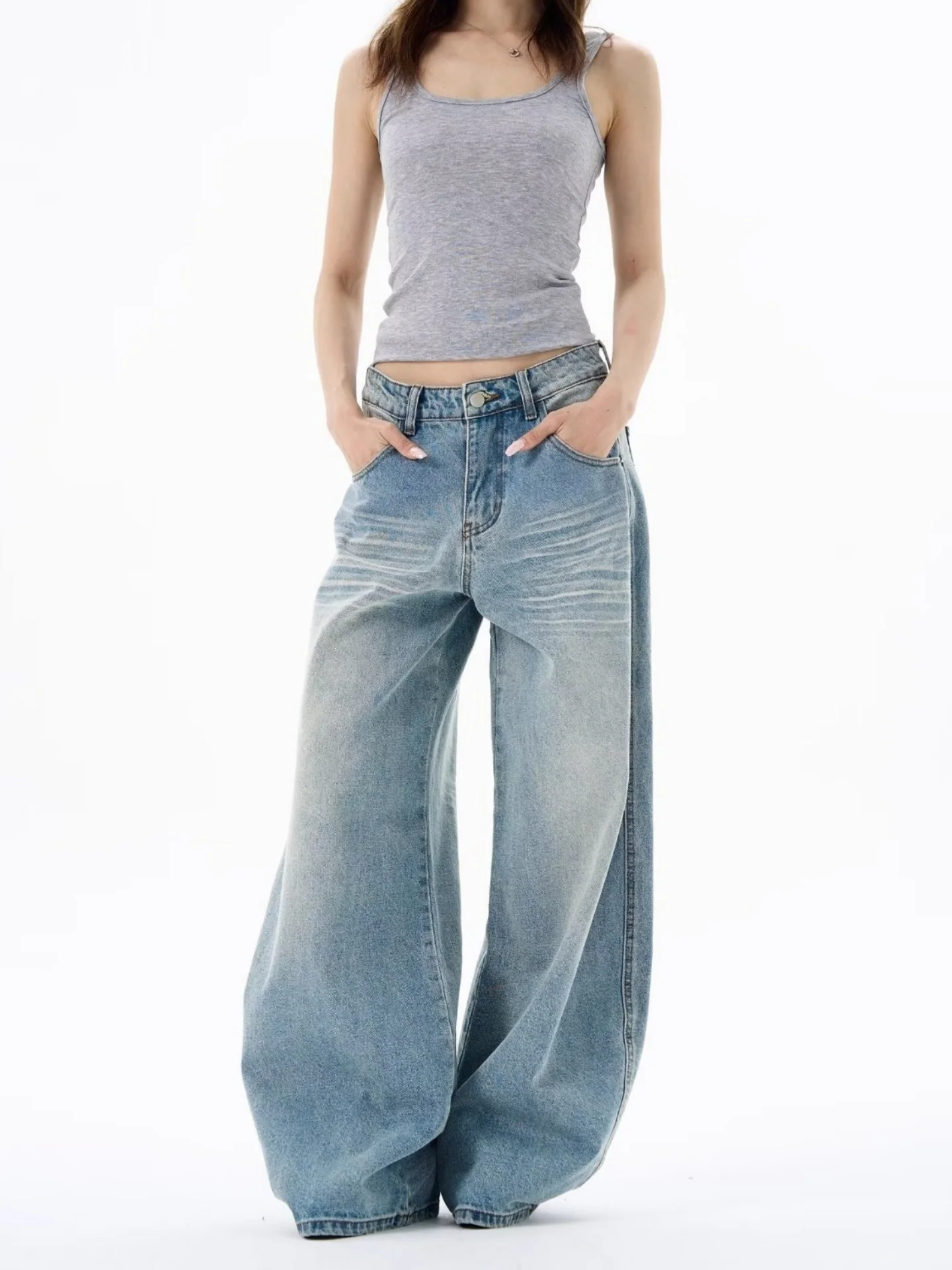 

American High Street Washed Knife Jeans Men Women Vintage High Waist Loose Slim Wide Leg Straight Long Pants