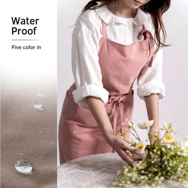 

Waterproof Cooking Apron for Women in Korean Style, Cotton and Linen, Solid Color, Ideal for Culinary Arts and Gardening