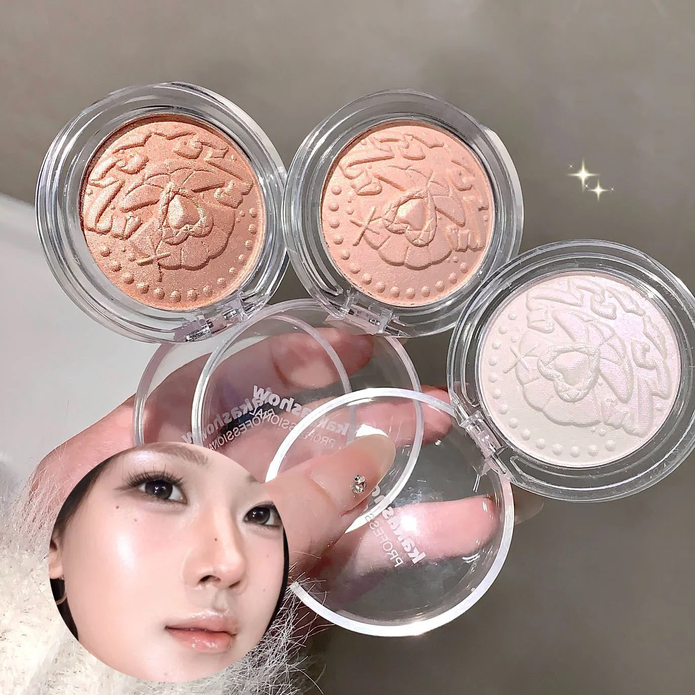 Kakashow Heart‑Diamond Embossed Highlighter Powder, Soft Fine Shimmer, Facial Contour Brightening Cosmetic