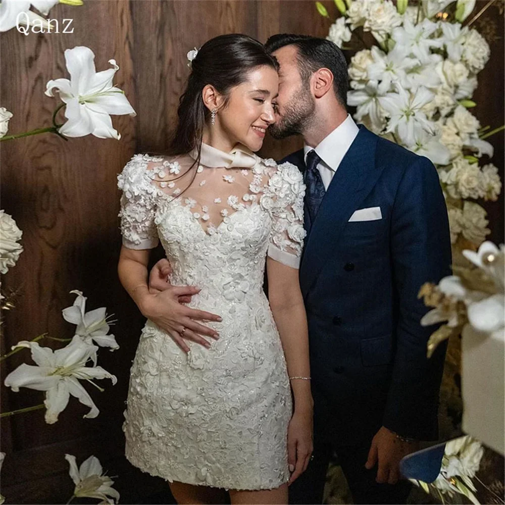 Chic Mini Wedding Dress 2026 Appliques Short Sleeves Sheath O-Neck Lace-up Bridal Civil Above Knee Marriage Gowns Vestidos