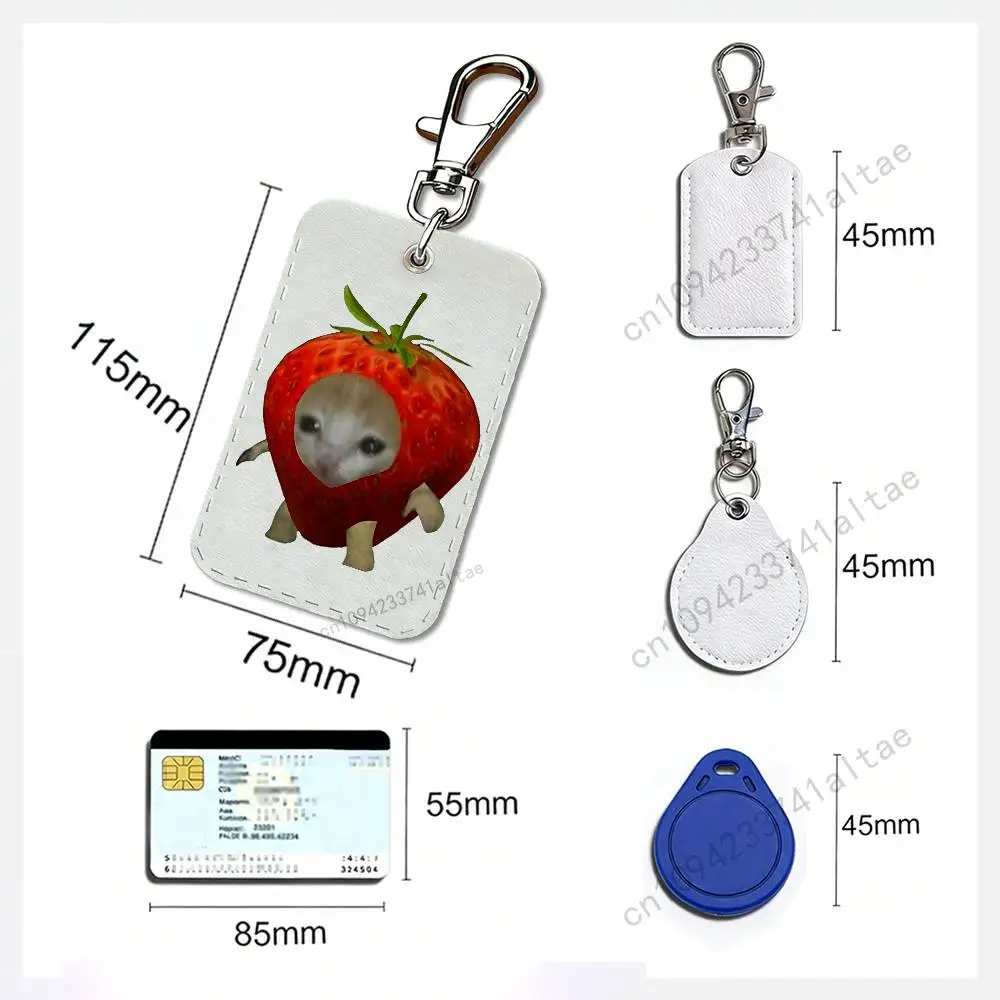 Cat Memes Rectangle Card Case Keychain Access Card Bag Key Tag Ring Leather Card Holder Key Ring Access
