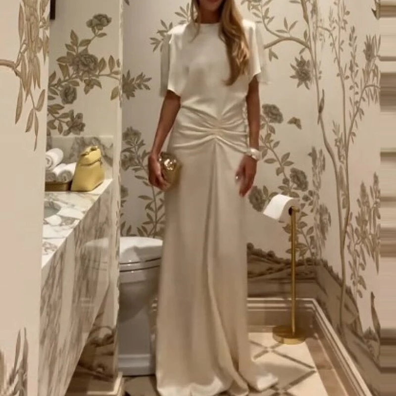 

Chic Pleated Short Sleeved Waist Cinching Dress Temperament O-neck Backless Dress Sexy Solid Slim Fit Club Cocktail Party Dress