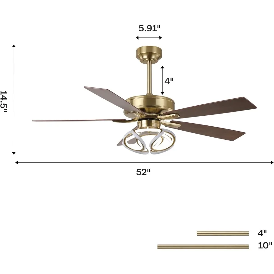 52 Inch Gold Ceiling Fans with Integrated Lights and Remote/APP Controlled RGB Color Changing LED Lighting 6-Speed Reversible D