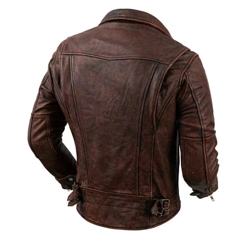 New Bomber Jacket 100% Top Layer Cowhide High Quality Retro Red Brown Lapel Motorcycle Tuxedo Men\'s Jacket