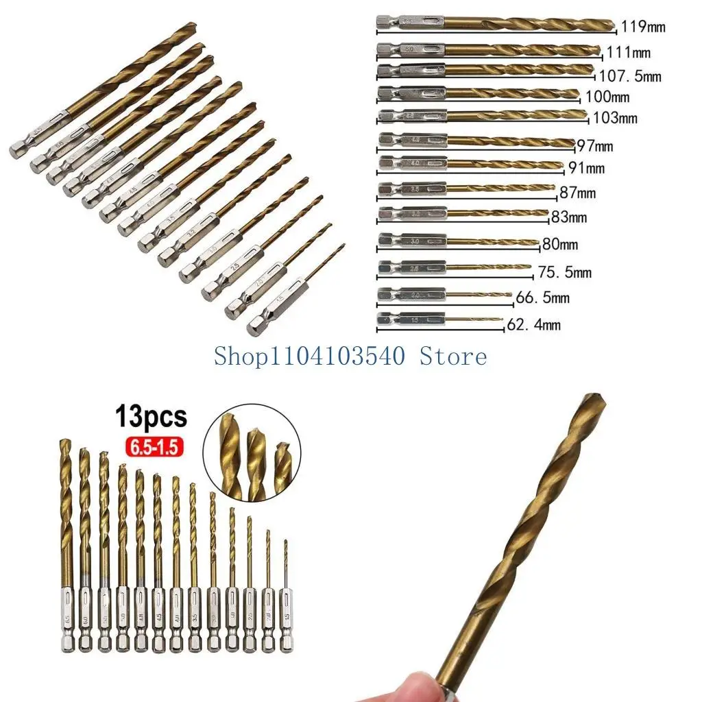 

02DC 13PCS/SET 1.5-6.5MM HSS High Speed Steel for Titanium Coated 1/4 Hex Shank Drill