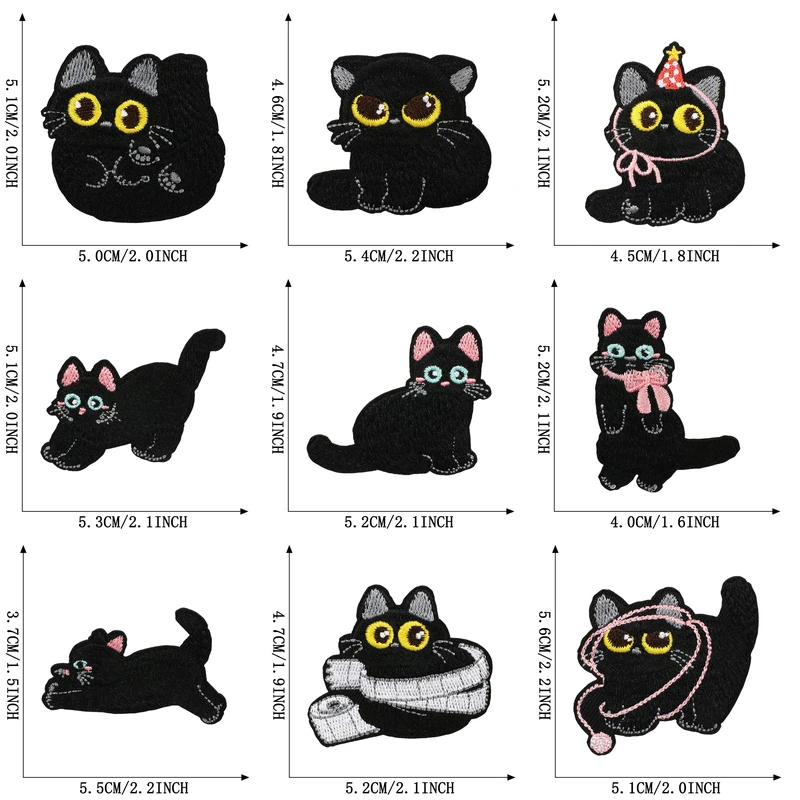 15pcs Anime Cat Patches For Clothing Iron On a Lots Embroidered Patch Sewing Black Diy Kids Stickers Pack Jacket Fabrics Thermal