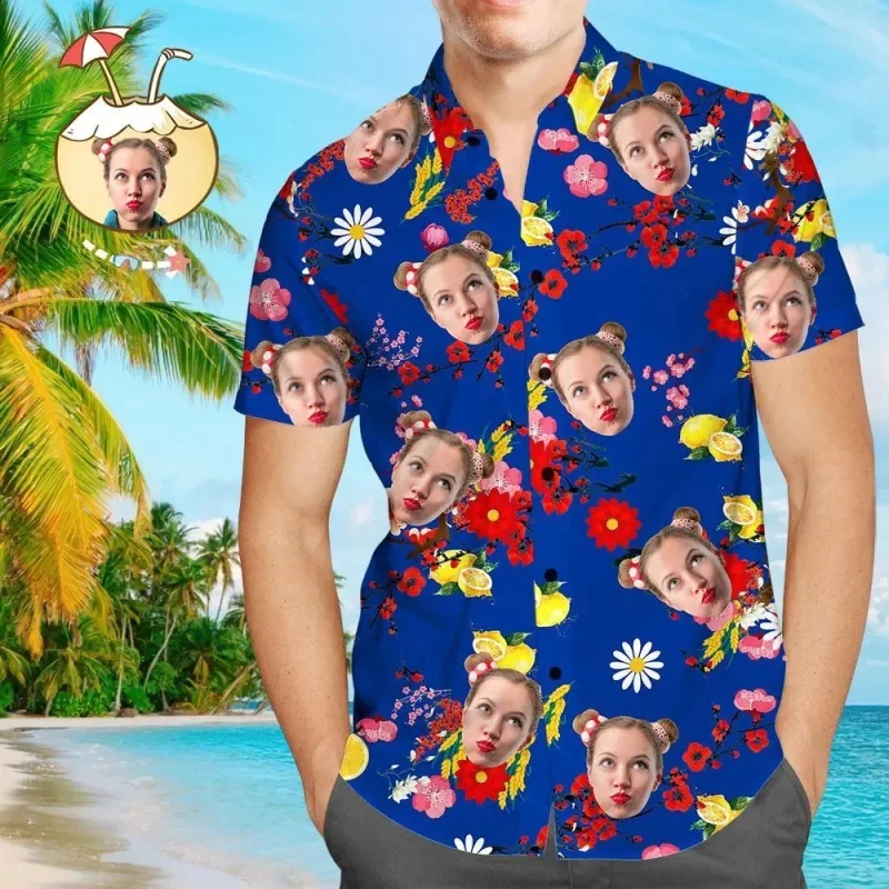 Personalized Hawaii Shirts Funny Face Diy Pineapple Custon Unisex Shirts 3D Print Beach Tops Couple Parent-children Clothes