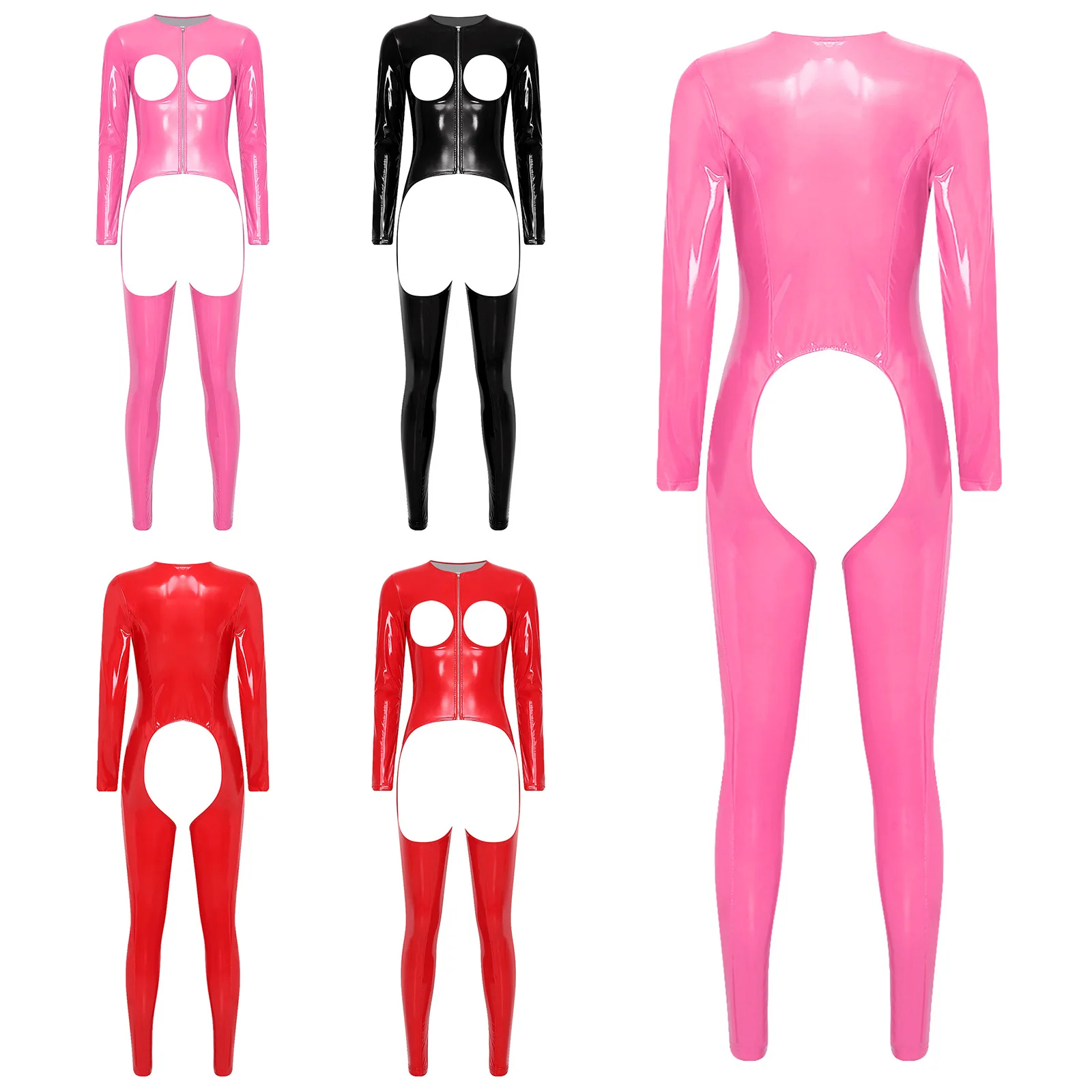 

Women Lingerie Hollow-out Cup Crotchless Latex Bodysuit Wet Look Leather Rompers Long Sleeve Front Zipper Legging Pants Jumpsuit