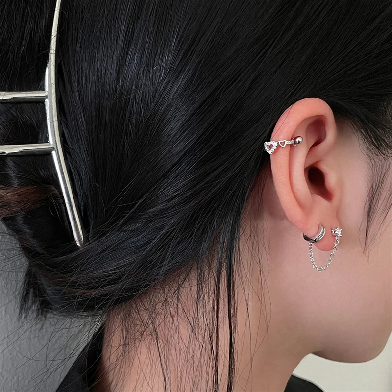 New Hollow Out Love 316L Stainless Steel Annular Ear Bone Nail Fashion Delicate Silver Color Earring for Women Y2K Punk Jewelry