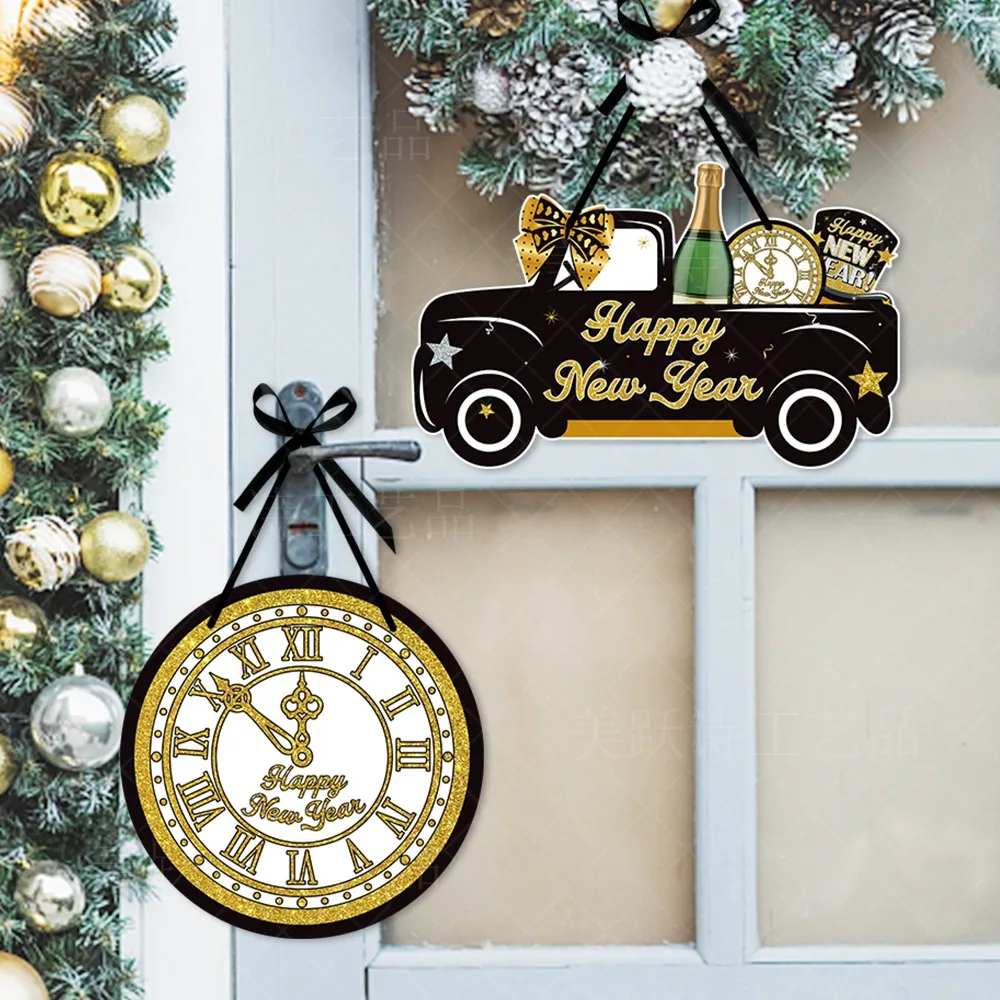 2024 New Year Day Decoration Black Gold Beer Car Clocks Hat Door Hanging Pendants Happy 2024 New Year Party Ornaments