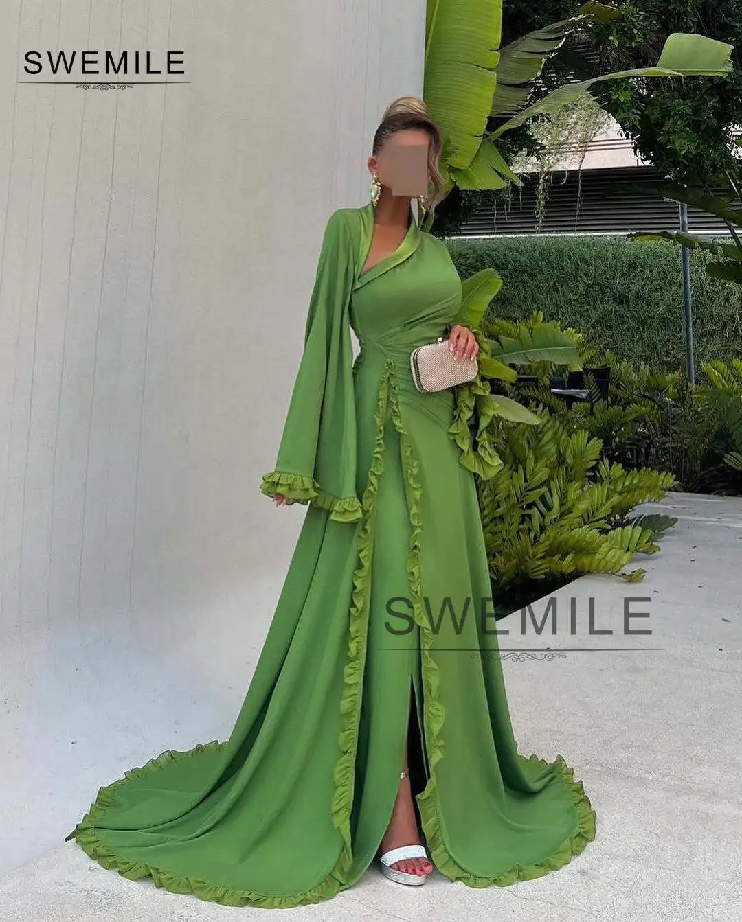 SWEMILE Green A-Line Hollow Out Sweep Train Chiffon Zipper Up Long Sleeves Dresses For Prom Evening Party Dress Vestidos De Fies