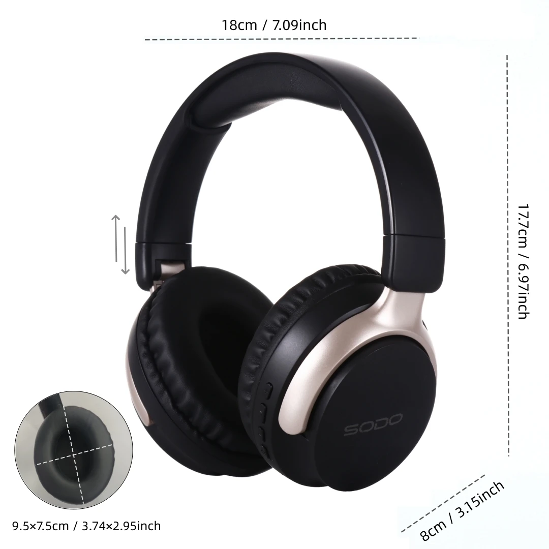 سماعات رأس SODO SD1103 لاسلكية تعمل بالبلوتوث 5.3 فوق الأذن، ستيريو HiFi وقت تشغيل 48 ساعة، سماعة رأس رياضية قابلة للطي مع دعم TF/AUX