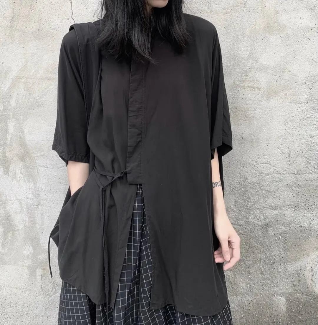 

Loose Short Sleeve Shirt Original Design Dark Japanese Style Belted Couples Men's Shirt Various Ways to Wear Mid-Sleeve Shirt