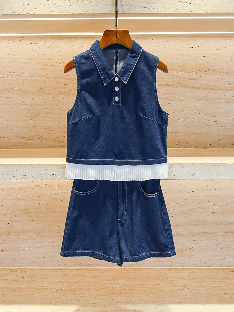 

Luxury Retro Denim Vest orts Set Women's Faion Polyester Fiber Collar Two-Piece Suit Autumn Collection