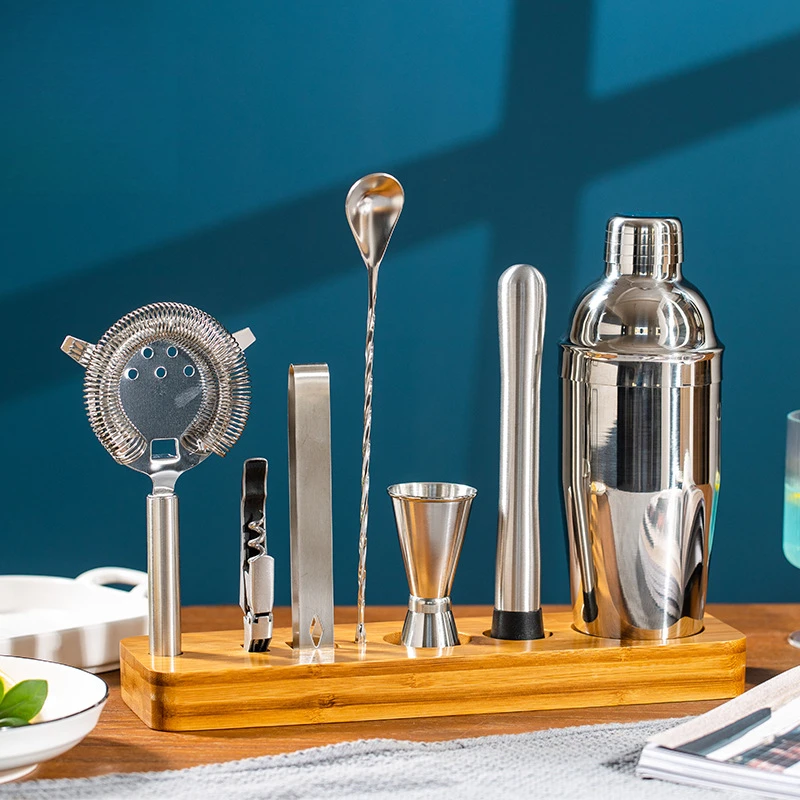 

7pcs Vertical Bartender Tool Set, Complete Cocktail Shaker Kit With Wooden Stand, Full Barware Set For Home & Bar Drink Mixing