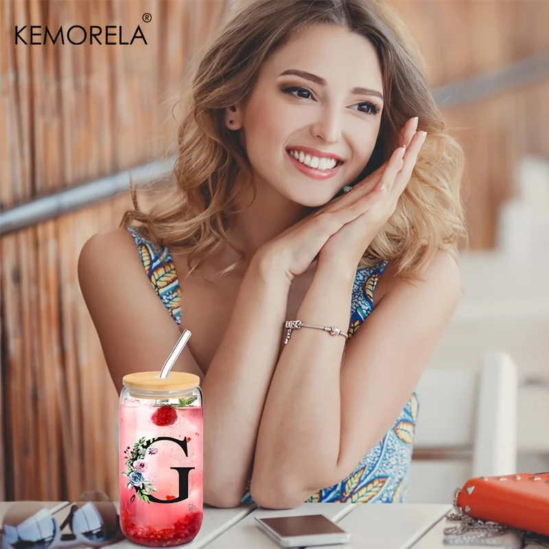 1PCS 24 Letter Glass Drinking Tumbler 470ML with Bamboo Lid And Straw Clear Custom Iced Coffee Cup Mason Jar for Beer Smoothie