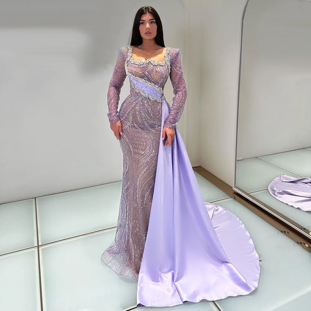 Serene Hill 2025 Luxus-Abendkleid aus Dubai in Flieder im Meerjungfrau-Stil mit Satin-Überrock und Perlen, individuelles Hochzeitsfeier BLA 72534
