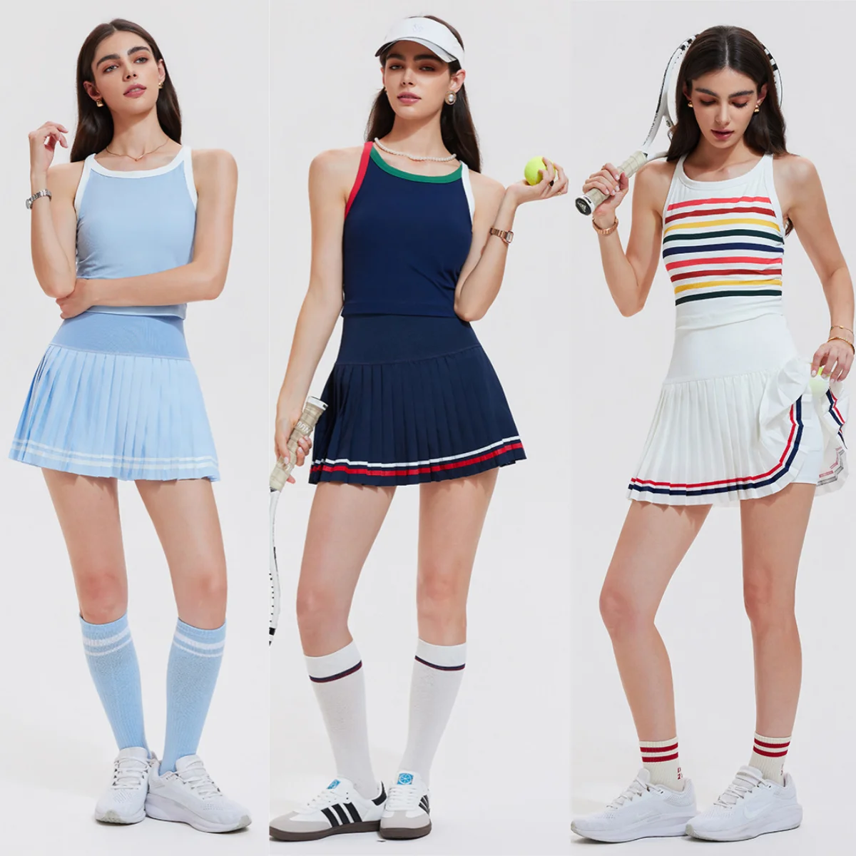 

Модный теннисный костюм с контрастной плиссированной юбкой, топом на бретелях, юбкой для тенниса, гольфа, йоги, фитнеса, спортивный комплект для женщин