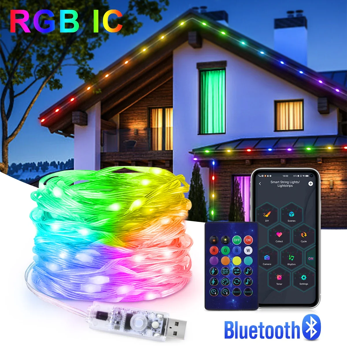 Imagem -04 - Outdoor Eaves Luzes Led String Rgb Light Strip Bluetooth Modos de Cena Faça Você Mesmo Iluminação Permanente 15m