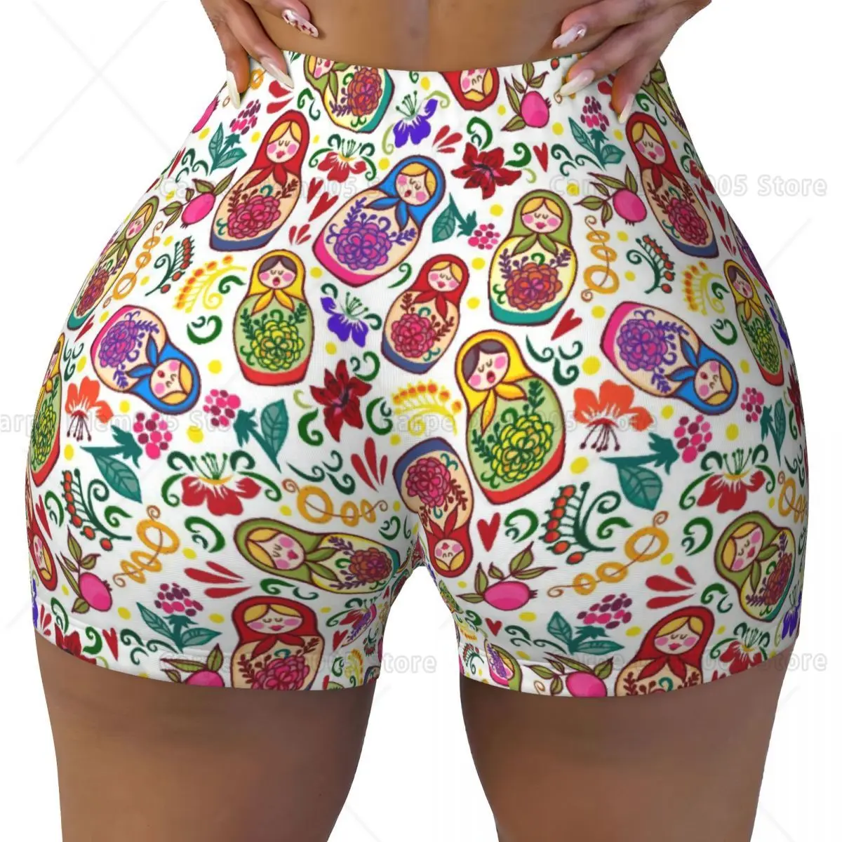 Flowers Matryoshka Doll-Print Women Athletic Stretch Shorts Workout Shorts Butt Lifting Spandex Yoga Perfect for Lazy Lounging