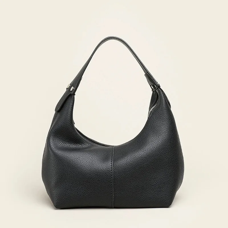 Simple Retro Style Women's Fashion Bag Hobo Small Handbag Grass Green Classic Solid Black Zipper Pocket Closure Litchi Leather