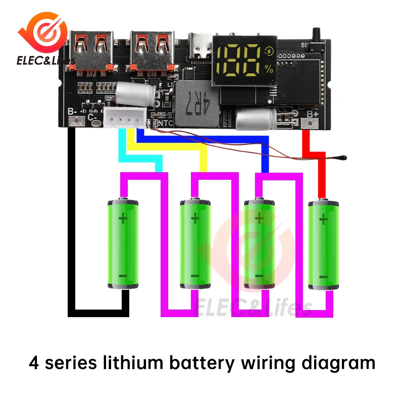 3S 4S 5S 65W 100W Power Bank Dual Fast charging 4 Port Micro/Type-C USB Mobile 18650 Charging Temperature Protection QC3.0 PD2.0