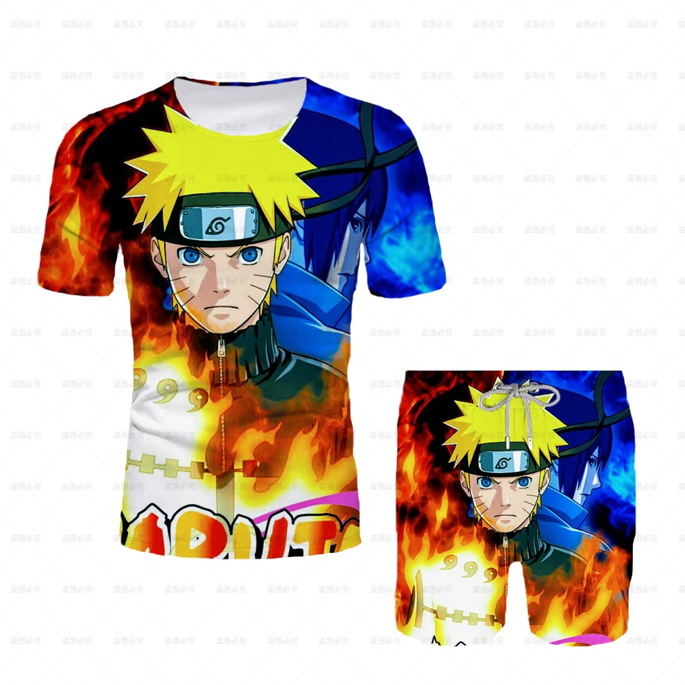 

Japanese Cartoon Naruto 2025 New Adult T-shirt Men Fashion Casual Cool Tops Shorts Two-piece Set Summer Boy T-shirt+beach Pants