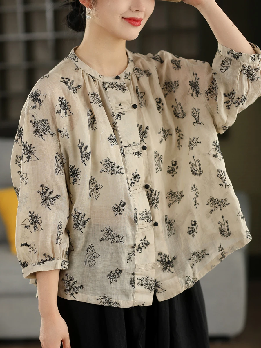 

Retro Embroidered Cotton Linen Shirt Women's Stand Collar Floral Stitching Breathable Loose Fit Summer Top Button Closure