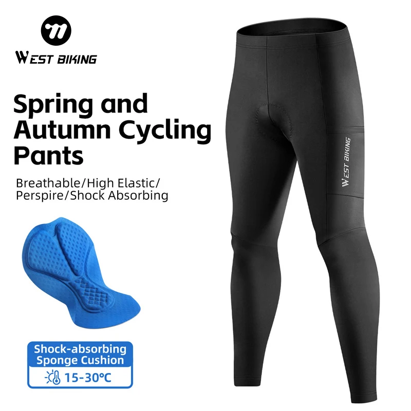 WEST BIKING Spring Autumn Cycling Pants Man Woman High Elastic Breathable Tights MTB Road Bike Shock Absorbing Pad Long Trousers