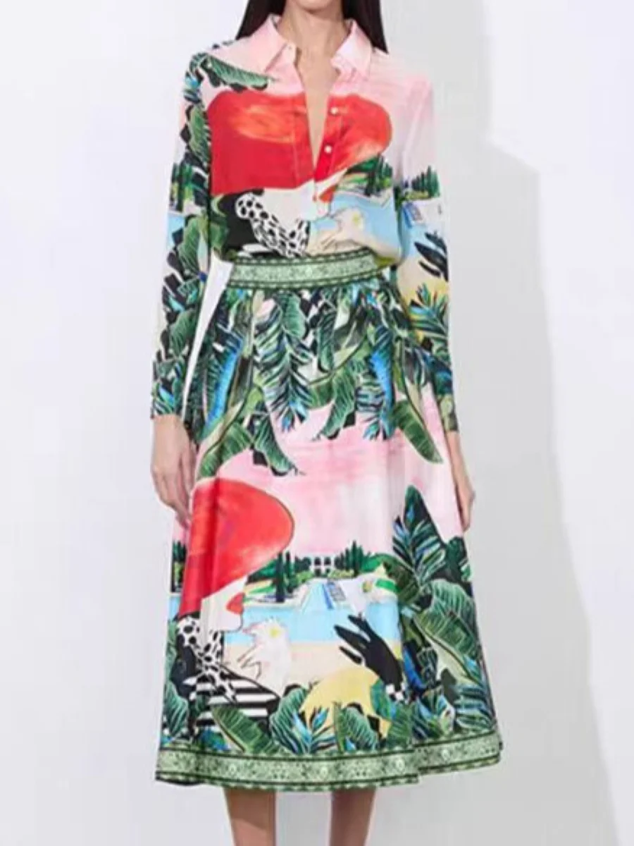 

Women Beach Style Print Set Turn-down Collar Long Sleeve 100% Silk Shirt + High Waist A-Line Cotton Skirt Elegant Ladies Suits