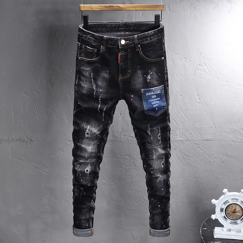 Moda de rua masculina jeans retro preto cinza estiramento fino ajuste pintado rasgado jeans masculino bolso designer hip hop vintage denim calças