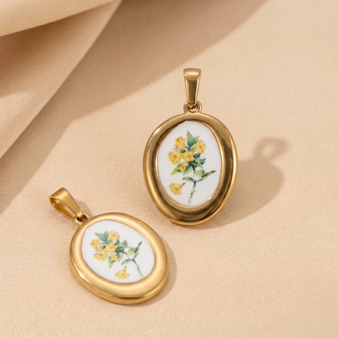2 Stück Edelstahl-Emaille Rosen-Trockenblumen-Anhänger, unregelmäßige runde Form, für DIY-Halsketten und Schmuckherstellung, Großhandel – Detail 4