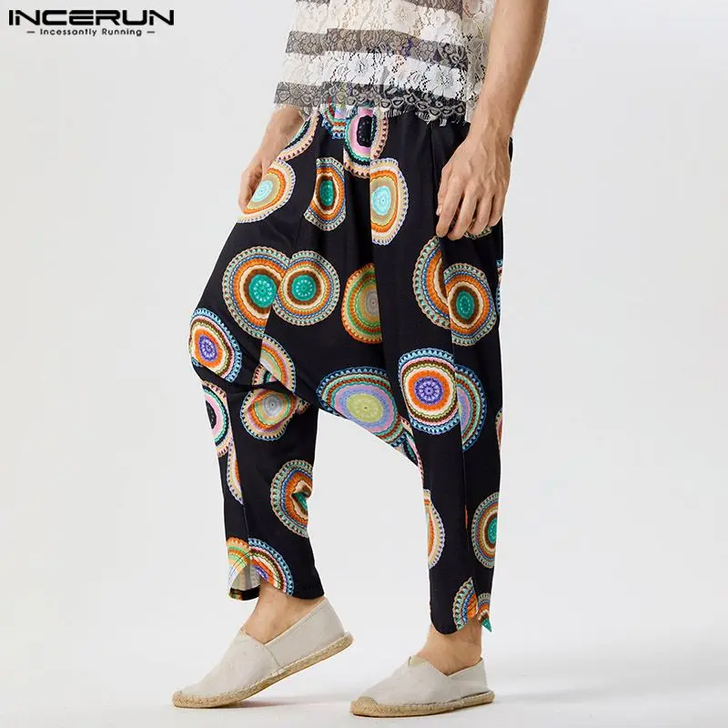 

INCERUN Men Irregular Pants Printing Elastic Waist Loose Drop-crotch Trousers Men Streetwear 2024 Joggers Vintage Harem Pants