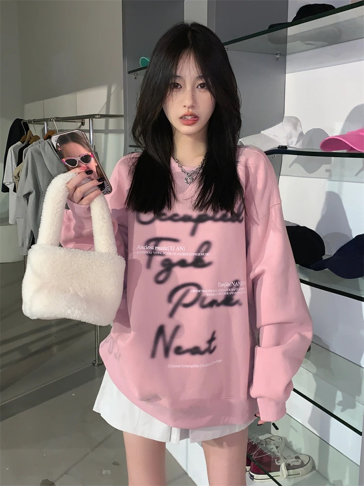 KOSAHIKI Casual Loose Pink Hoodies Women All Match Letter Print O-neck Sweatshirt Y2k Aesthetic Korean Fashion Harajuku Sudadera