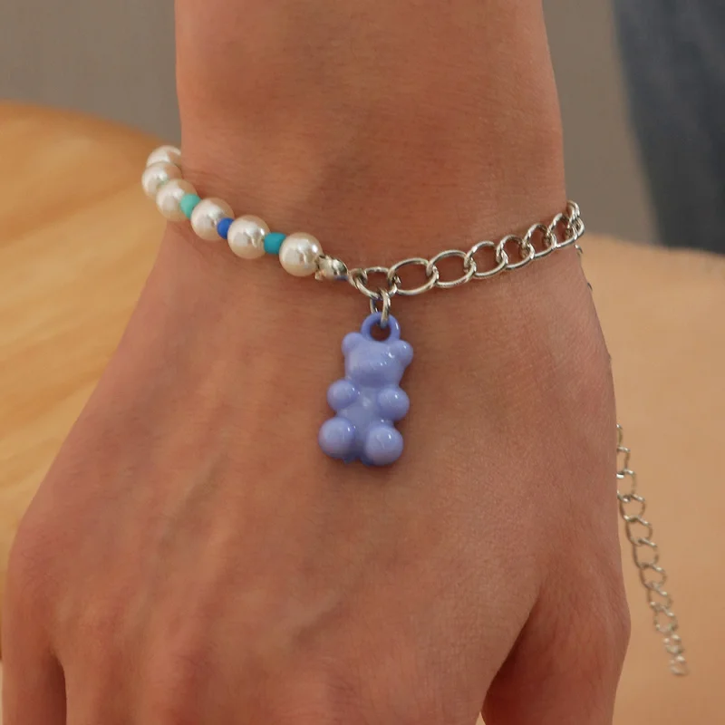 1Pc Fashion Colorful Jelly Bear Bracelet – Hip Hop Pearl Splice Chain Bangle, Cute Punk Streetwear Jewelry Gift.